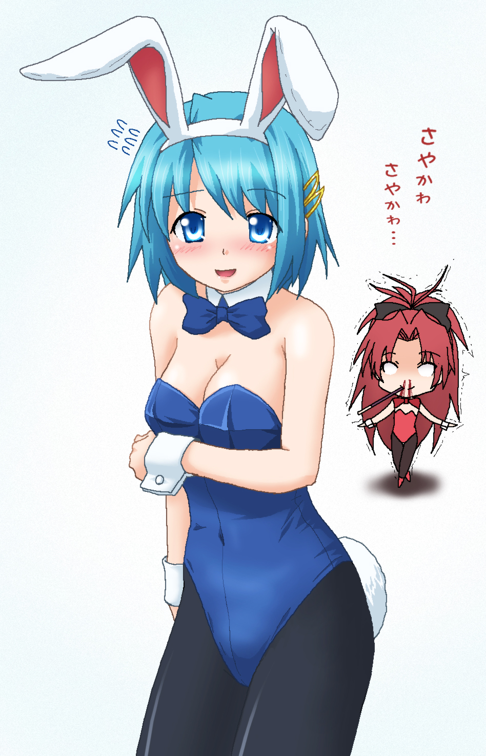 animal_ears blood blue_eyes blue_hair bowtie bunny_ears bunny_tail bunnysuit chibi detached_collar female hayashiya_zankurou highres mahou_shoujo_madoka_magica miki_sayaka mouth_hold multiple_girls nosebleed pantyhose pocky rabbit_ears sakura_kyouko short_hair tail wrist_cuffs