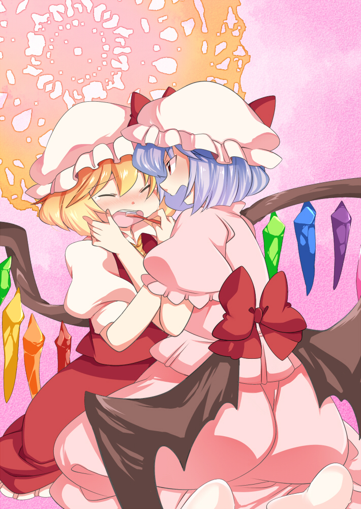 aenobas bat_wings blonde_hair blue_hair blush bow brushing_teeth closed_eyes commentary commentary_request eyes_closed flandre_scarlet hammer_(sunset_beach) hat large_bow low_wings multiple_girls no_shoes open_mouth pink_background red_eyes remilia_scarlet seiza short_hair siblings sisters sitting skirt skirt_set teeth touhou wince wings