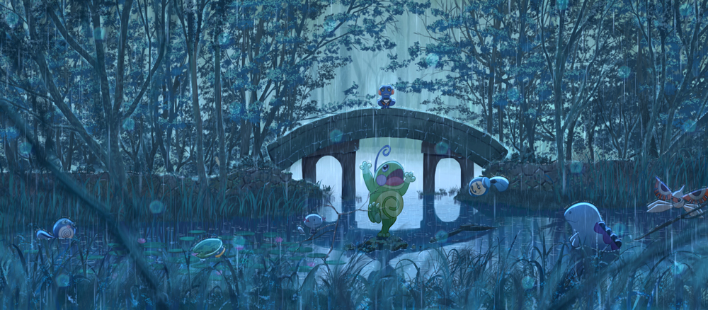 animal creature croagunk forest grass landscape lotad masquerain nature no_humans plant pokemon pokemon_(creature) pokemon_(game) politoed poliwag quagsire rain scenery tree tympole water wooper yakkun