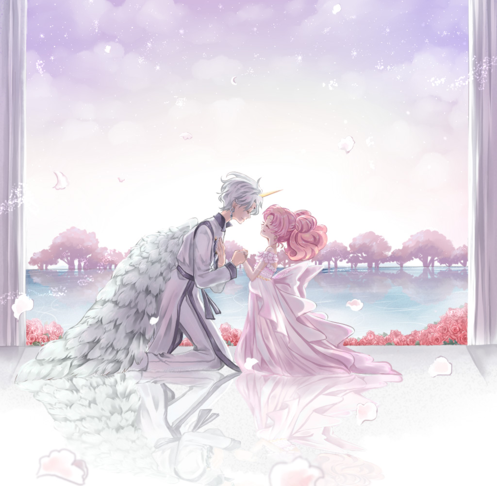 1girl bishoujo_senshi_sailor_moon chibi_usa child closed_eyes double_bun dress eyes_closed feathered_wings feathers flower hand_holding hand_on_own_chest helios holding_hands kneeling lake pink_hair reflection rose sky small_lady_serenity smile tree twintails white white_dress wings yamaguchi_mococo