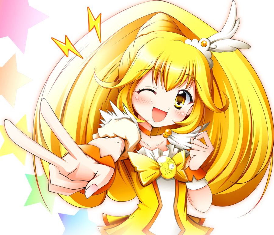 ;d blonde_hair blush bowtie brooch choker cure_peace dress female hair_ornament happy jewelry kise_yayoi long_hair magical_girl open_mouth ponytail precure pretty_cure rainbow_order smile smile_precure! solo star taroimo v white_background wink wrist_cuffs yellow_dress yellow_eyes