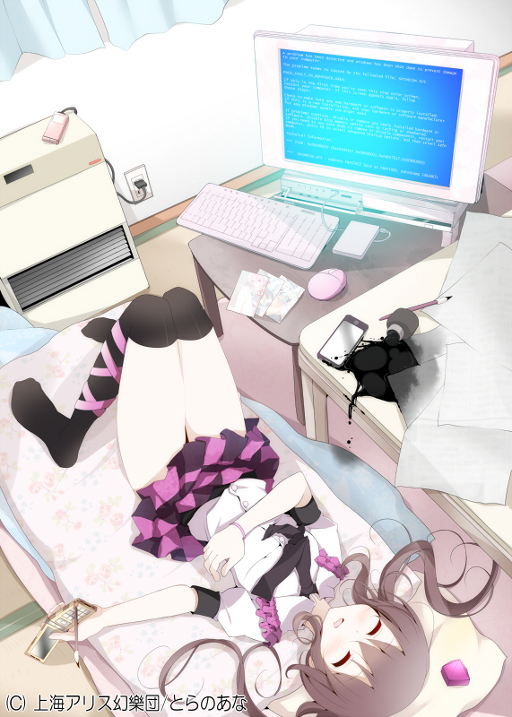 black_legwear blue_screen_of_death brown_hair cable cellphone checkered checkered_skirt closed_eyes computer computer_keyboard computer_mouse curtains eyes_closed hair_ribbon hat hat_removed headwear_removed himekaidou_hatate holding holding_hat houjuu_nue indoors ink inkwell kneehighs komeiji_koishi komeiji_satori on_back open_mouth phone photo_(object) pillow plug ribbon skirt sleeping solo spill thighhighs tokin_hat touhou twintails usotsukiya