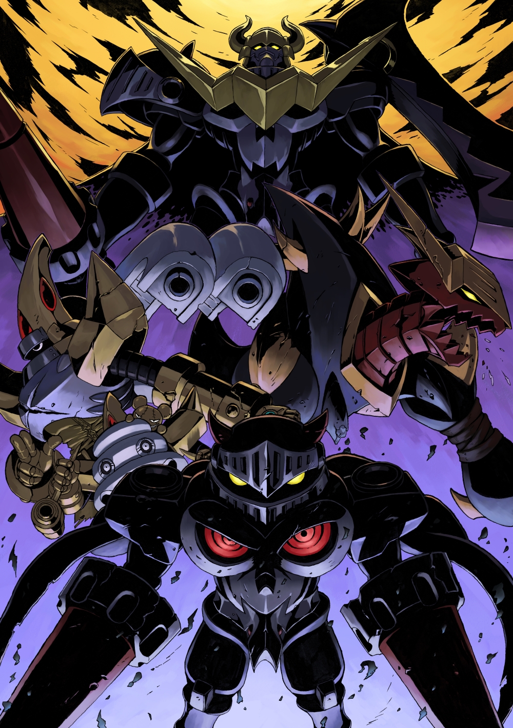 cape cloud clouds crack damaged damemon darkknightmon deadlyaxemon debris digimon digimon_xros_wars evil highres horns kazkazkaz monster no_humans polearm sharp_teeth skullknightmon spear spikes tsuwamon visor_(armor) weapon yellow_eyes