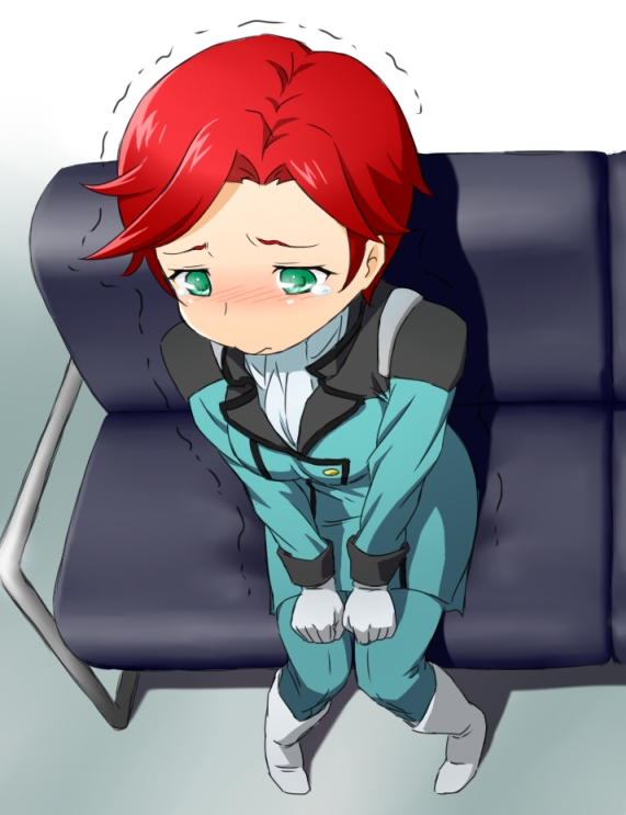 blush boots gloves green_eyes gundam gundam_age military military_uniform natora_einus onsoku_maru red_hair redhead short_hair sitting solo tears trembling uniform