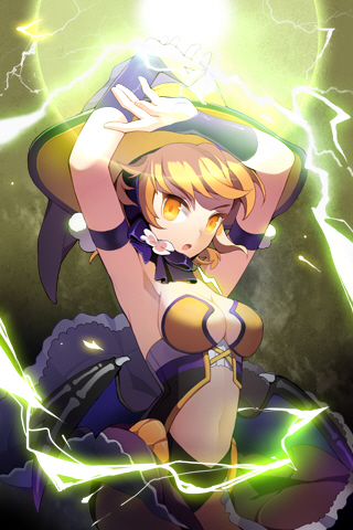 arms_up bare_shoulders blonde_hair breasts bustier electricity frilled_skirt gilse hat lightning lowres midriff navel open_mouth parfunte sword_girls wings witch_hat yellow_eyes