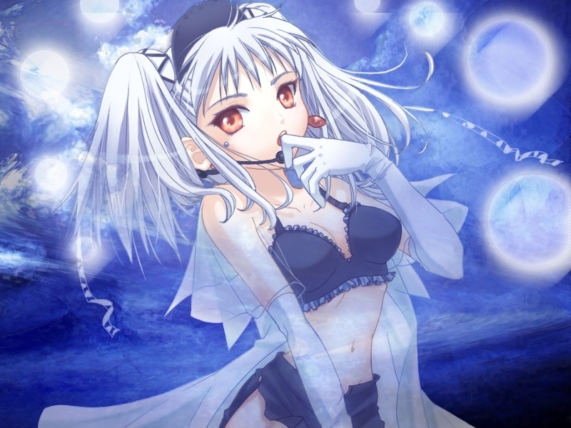 blue_hair bra covering covering_face covering_mouth earrings elbow_gloves frilled_bra frills gloves hair_ribbon headset hoshino_ruri jewelry kidou_senkan_nadesico kidou_senkan_nadesico_-_prince_of_darkness lingerie midriff miniskirt navel open_mouth parted_lips ribbon skirt solo twintails underwear white_gloves yellow_eyes