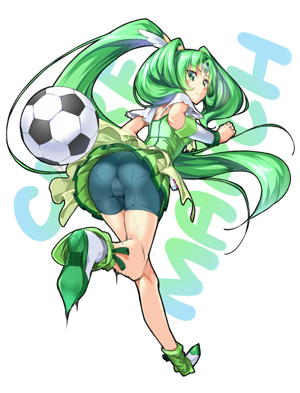 1girl ass ball bike_shorts choker cure_march dress green green_dress green_eyes green_hair long_hair looking_back magical_girl midorikawa_nao pantylines piromizu ponytail precure shorts_under_skirt smile smile_precure! soccer_ball solo teal_bike_shorts tiara tri_tails very_long_hair wrist_cuffs