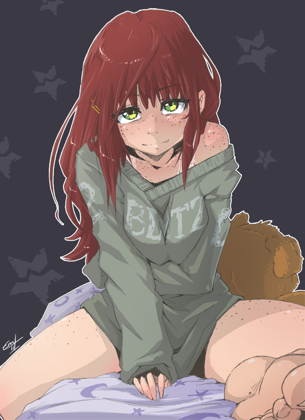 barefoot bed bottomless fang freckles green_eyes hair_ornament long_hair long_sleeves messy_hair original petite-emi red_hair redhead sitting smile solo stuffed_animal stuffed_toy sweater tanline teddy_bear