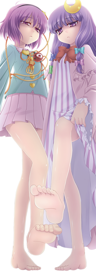 bare_legs barefoot bow coat crescent dress dress_lift feet from_ground hairband heart iganseijin komeiji_satori long_hair multiple_girls outstretched_leg patchouli_knowledge pink_eyes pink_hair purple_eyes purple_hair shirt short_hair skirt soles striped striped_dress third_eye toes touhou violet_eyes