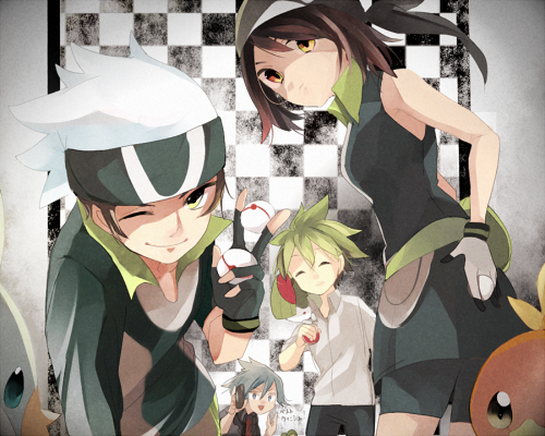 3boys ^_^ alternate_color bandana bandanna between_fingers brown_hair checkered checkered_background chess_background closed_eyes eyes_closed haruka_(pokemon) haruka_(pokemon_emerald) hat holding holding_poke_ball lowres mitsuru_(pokemon) mudkip multiple_boys poke_ball pokemon pokemon_(game) pokemon_rse premier_ball ralts smile torchic tsuwabuki_daigo tyatya wink yellow_eyes yuuki_(pokemon) yuuki_(pokemon_emerald)