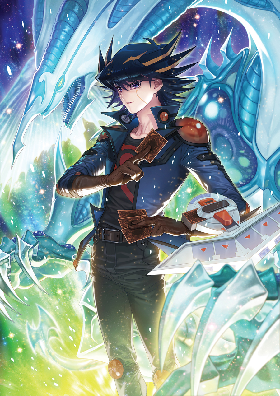 belt card claws collarbone dragon duel_disk duel_monster fudou_yuusei gloves highres holding holding_card jeans male multicolored_hair open_mouth solo stardust_dragon teeth yna yu-gi-oh! yuu-gi-ou yuu-gi-ou_5d's yuu-gi-ou_5d's