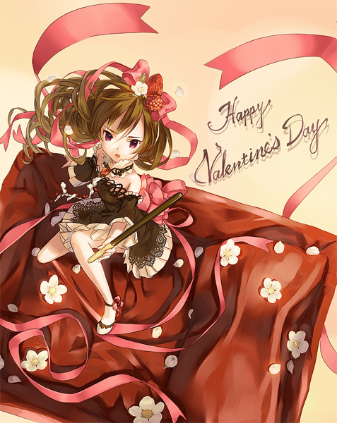 bare_shoulders bow brooch detached_collar detached_sleeves dress flower food food_as_clothes foreshortening from_above fruit green_hair hair_bow hair_flower hair_ornament happy_valentine jewelry long_hair mary_janes original outstretched_arm petals pocky ponytail purple_eyes ribbon shoes solo strawberry tomiwo valentine violet_eyes