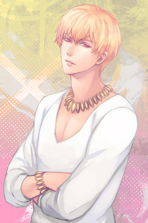 bad_id blonde_hair bracelet casual crossed_arms fate/zero fate_(series) gilgamesh jewelry kamemushi male necklace red_eyes solo v-neck