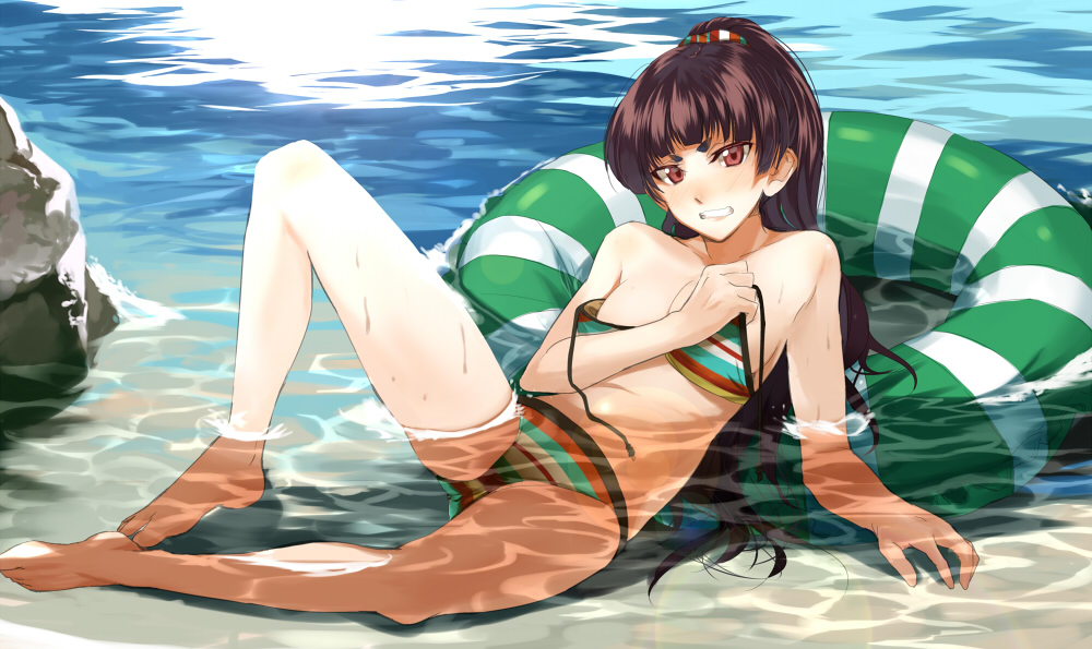 ao_no_exorcist arm_support barefoot beach bikini blush breasts brown_hair clenched_teeth covering covering_breasts crotch innertube kabocha kamiki_izumo long_hair looking_at_viewer lying multicolored_stripes outdoors partially_submerged ponytail red_eyes solo spread_legs striped striped_bikini striped_swimsuit submerged swimsuit untied wardrobe_malfunction water wet wide_ponytail