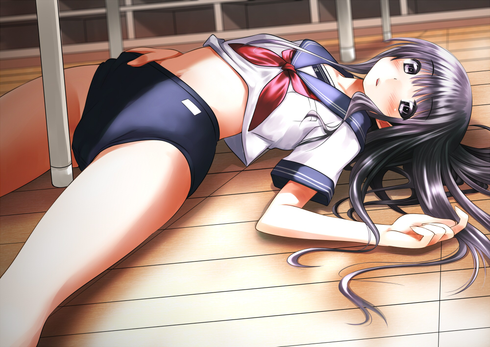 alric black_hair blurry blush buruma depth_of_field grey_eyes long_hair lying midriff navel neckerchief on_back on_floor on_ground original school_uniform serafuku shirt solo