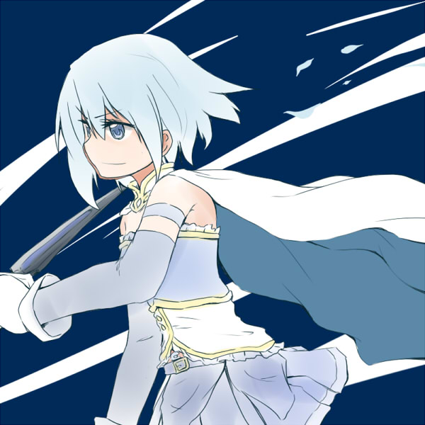 armband bare_shoulders belt blue_background blue_eyes blue_hair buckle cape detached_sleeves elbow_gloves frills gloves kagiana magical_girl mahou_shoujo_madoka_magica miki_sayaka short_hair simple_background skirt solo sword weapon white_gloves