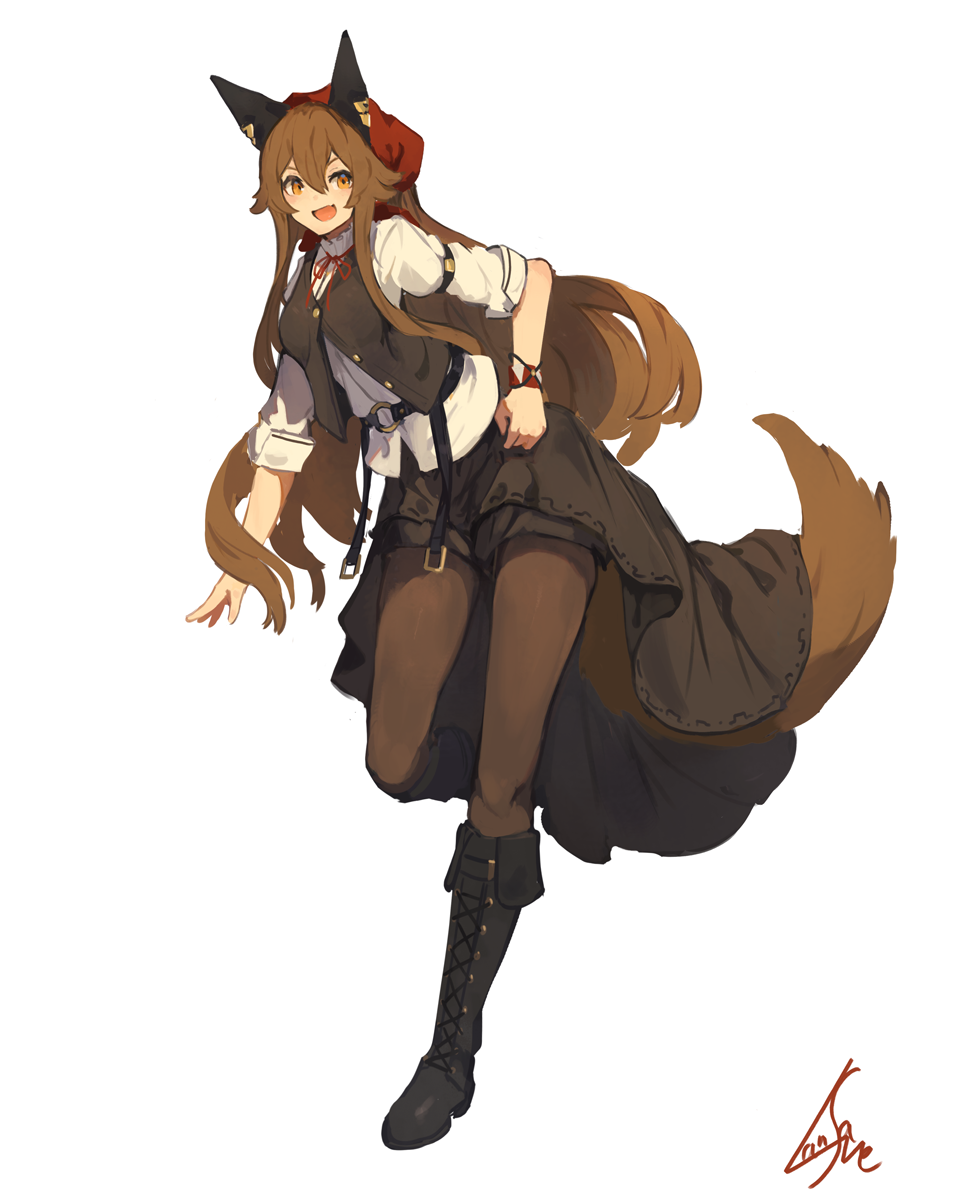 1girl :d animal_ears boots brown_hair fang full_body hair_between_eyes highres lansane long_hair looking_at_viewer open_mouth orange_eyes original pantyhose short_sleeves signature smile solo tail tsana_(lansane) very_long_hair vest white_background