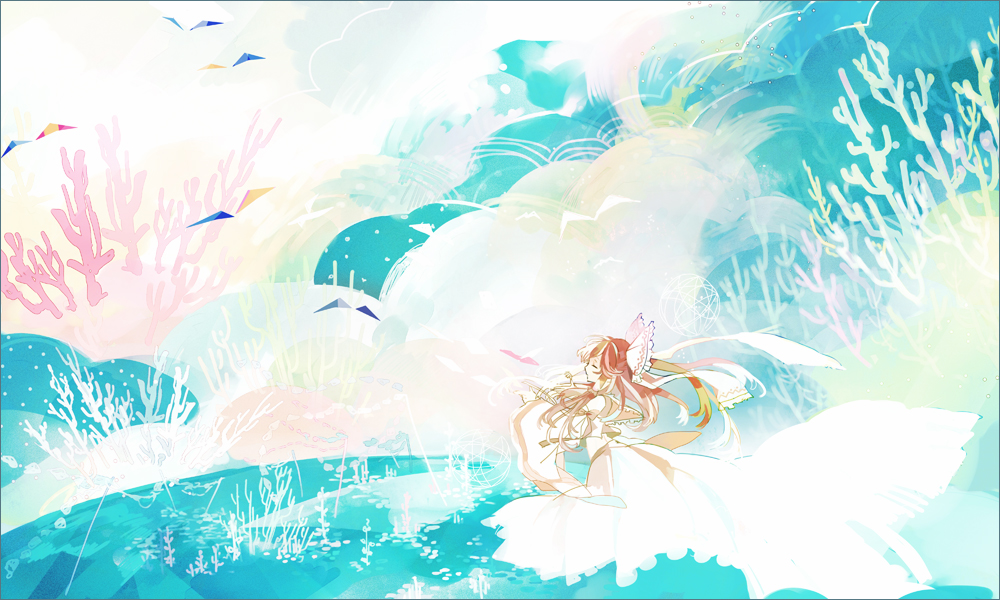 1girl bare_shoulders border bow brown_hair closed_eyes cloud clouds colorful coral detached_sleeves eyes_closed gohei hair_bow hair_tubes hakurei_reimu long_hair long_skirt midriff miko origami skirt solo surreal touhou wide_sleeves