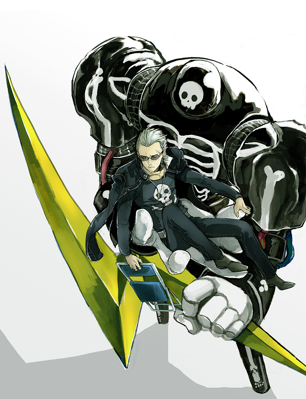 belt blonde_hair bullet chair dual_persona folding_chair glasses highres jacket jacket_on_shoulders jewelry jolly_roger lightning_bolt long_sleeves looking_down multiple_boys necklace notmo pants persona persona_4 scar shoes short_hair skull_and_crossbones sunglasses take-mikazuchi tatsumi_kanji widow's_peak widow's_peak