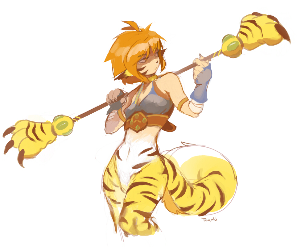 animal_ears armlet bandage bandages bottomless breath_of_fire breath_of_fire_ii bustier cat_ears cat_tail choker facial_mark fingerless_gloves fur gloves orange_hair rinpoo_chuan shaded_eyes short_hair signature simple_background solo staff standing tail tiger_print tuyoki