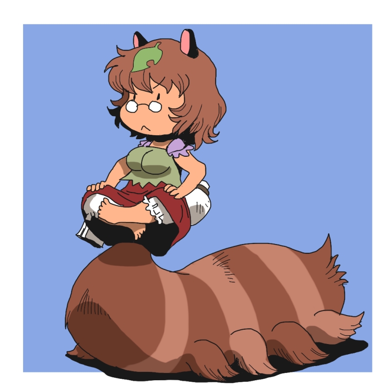 :&lt; animal_ears chibi frown futatsuiwa_mamizou indian_style onikobe_rin prehensile_tail raccoon_ears raccoon_tail short_hair simple_background sitting solo tail tail_stand touhou what