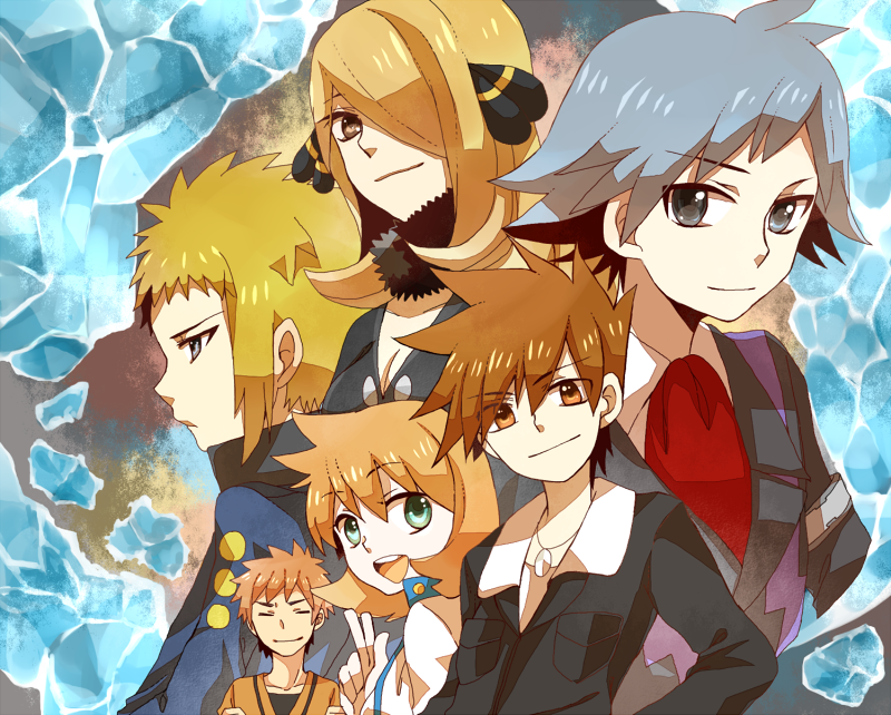 4boys blonde_hair blue_eyes blue_hair blush breasts brown_eyes brown_hair cleavage denji_(pokemon) formal gym_leader hair_ornament hair_over_one_eye jacket kasumi_(pokemon) long_hair multiple_boys multiple_girls necktie one-piece_swimsuit ookido_green orange_hair pokemon pokemon_(game) pokemon_bw2 scarf shirona_(pokemon) shirt shizu_yukimi short_hair silver_hair smile suit swimsuit takeshi_(pokemon) tsuwabuki_daigo yellow_eyes