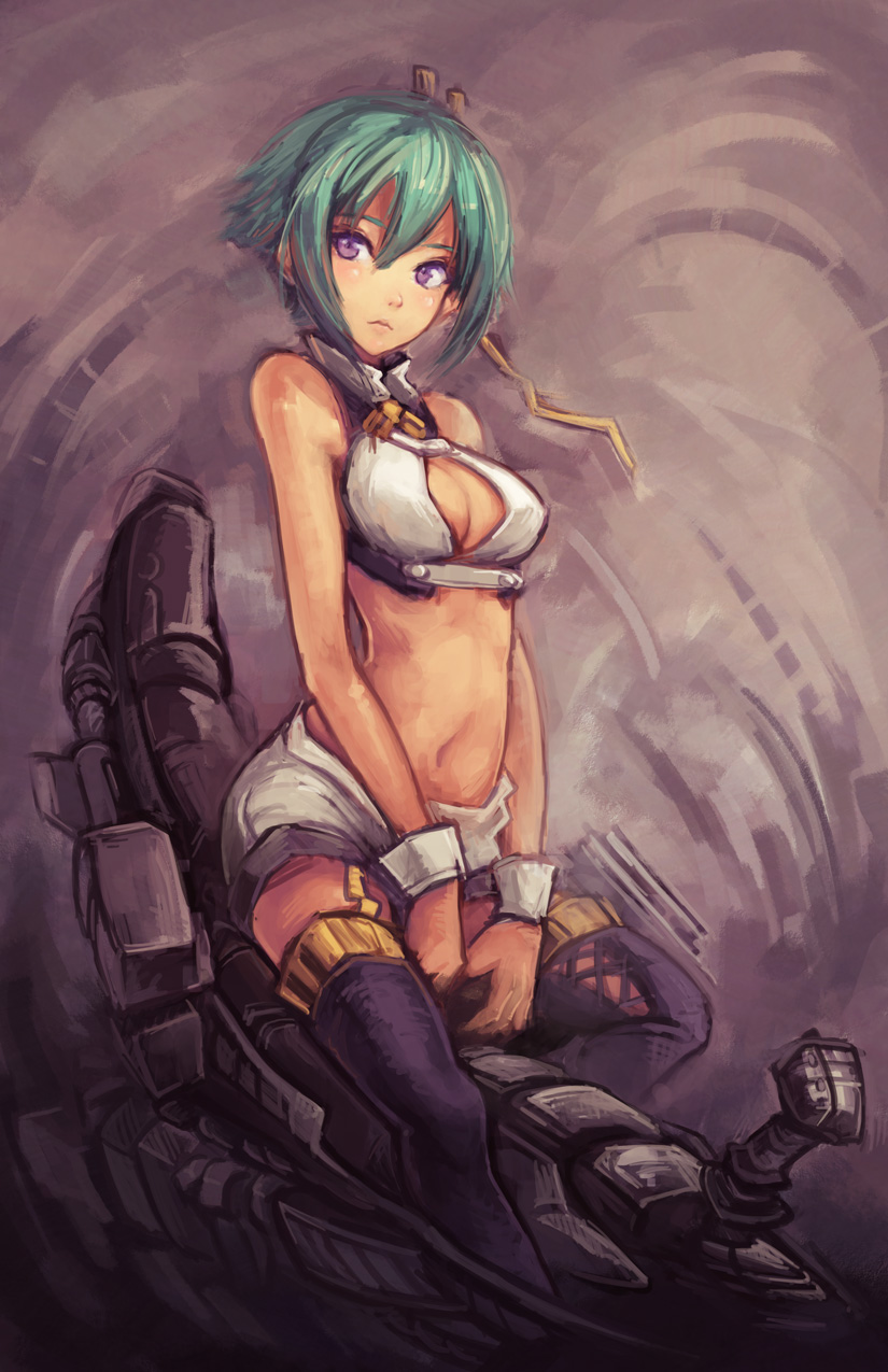 aquarion_(series) aquarion_evol black_legwear breasts cleavage cleavage_cutout cockpit doomfest green_hair highres joystick looking_at_viewer navel purple_eyes shorts sitting solo thigh-highs thighhighs violet_eyes wrist_cuffs zessica_wong