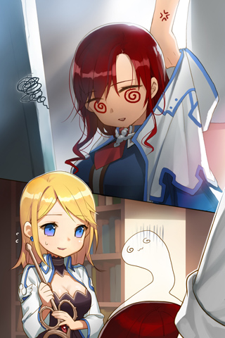 anger_vein bangs blonde_hair blue_eyes book bookshelf chibi closed_eyes detached_collar earrings eyes_closed flying_sweatdrops holding jacket jewelry long_hair lowres open_mouth parted_bangs quartermaster_knight red_hair redhead rose_pacifica salt_(salty) short_hair sweatdrop sword_girls vernika_answer