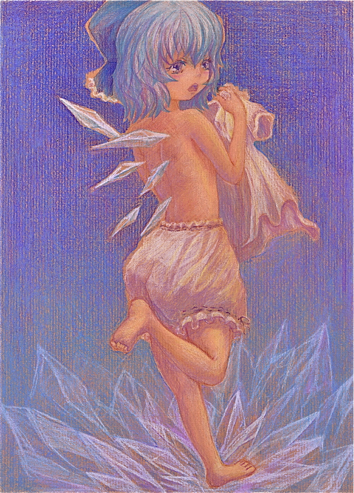 back bad_id bare_legs barefoot bloomers blue_hair bow child cirno colored_pencil_(medium) hair_bow koneneko no_pants open_mouth purple_eyes shirt_removed short_hair solo topless touhou traditional_media turning underwear underwear_only undressing violet_eyes wings