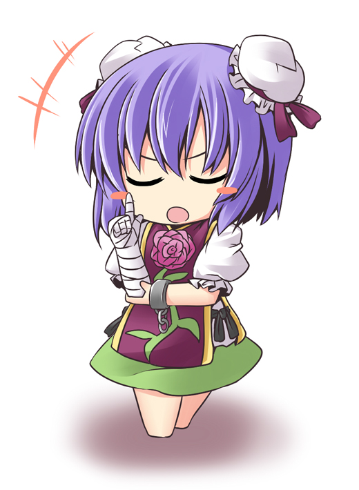 bandage bandages blush_stickers bun_cover chain chains chibi chinese_clothes closed_eyes cosplay cuffs double_bun eyes_closed flower ibaraki_kasen ibaraki_kasen_(cosplay) ichimi nagae_iku open_mouth purple_hair rose shackle shirt short_hair simple_background skirt solo tabard touhou white_background