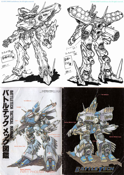 armored_core:_for_answer battletech comparison gun kawamori_shouji look-alike mecha mechwarrior no_humans phoenix_hawk production_art science_fiction weapon white_glint