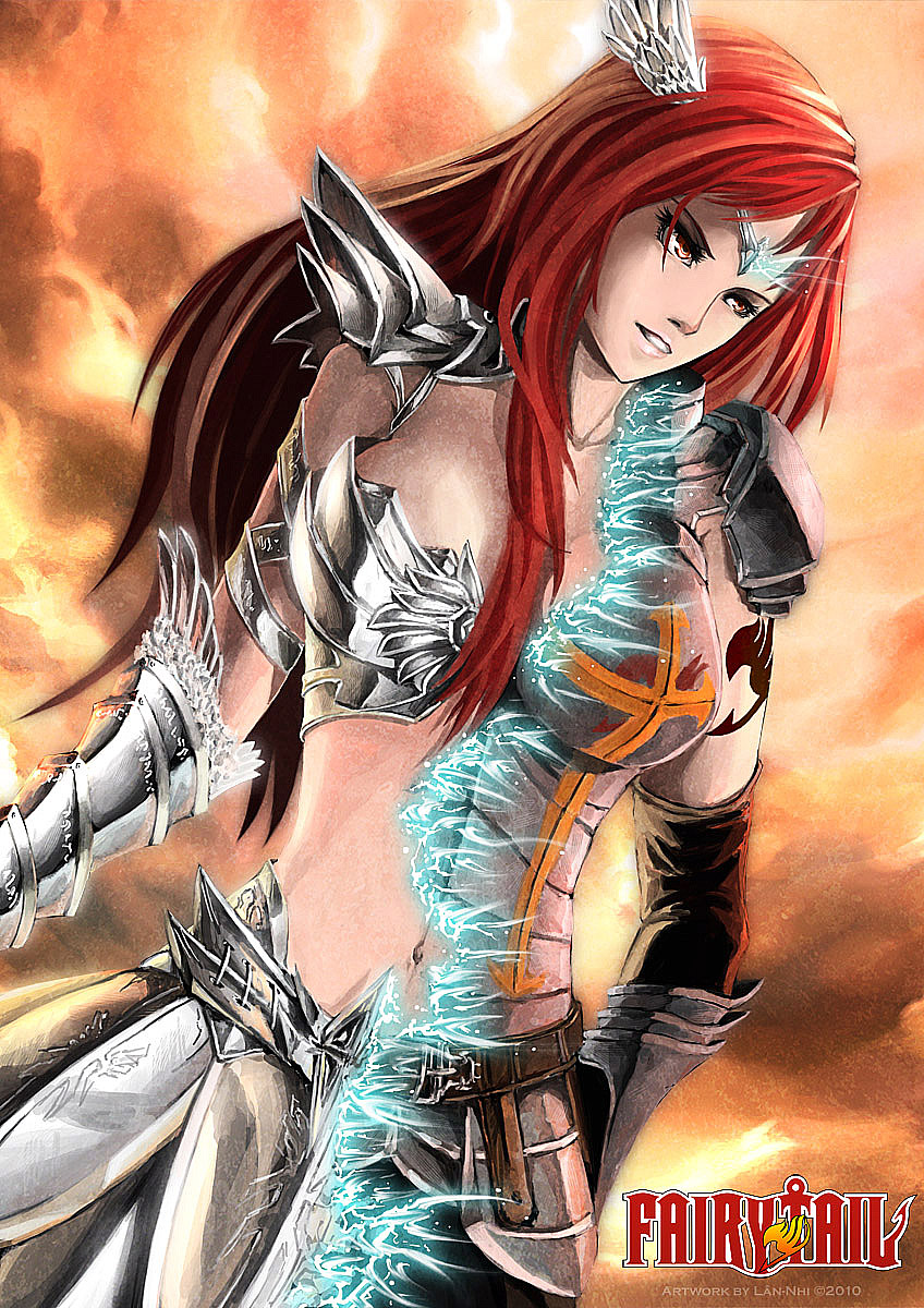 bikini_armor breasts circlet elbow_gloves erza_scarlet fairy_tail gauntlets gloves head_wings highres long_hair orange_eyes red_hair redhead solo spark tattoo transformation undressing