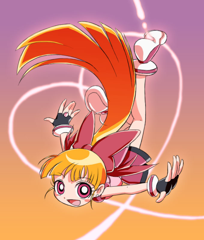 fingerless_gloves flying gloves hair_ribbon hajime_(caramel_toone) heart hyper_blossom long_hair orange_hair ponytail powerpuff_girls_z red_ribbon ribbon solo