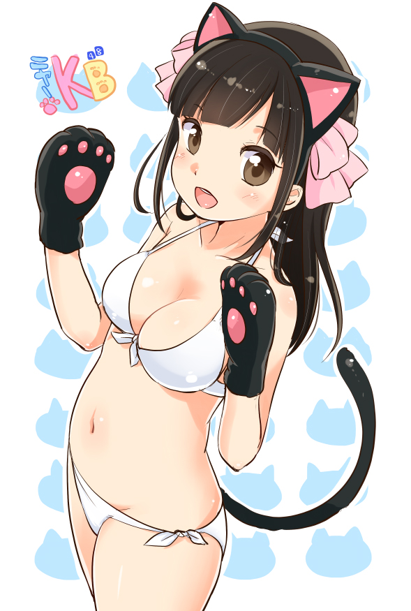 1girl animal_ears bikini black_hair breasts brown_hair cat_ears cat_tail character_request cleavage fang front-tie_top gloves hair_ribbon large_breasts looking_at_viewer navel open_mouth paw_gloves ribbon side-tie_bikini smile solo swimsuit tail white_bikini white_swimsuit yukiu_kon