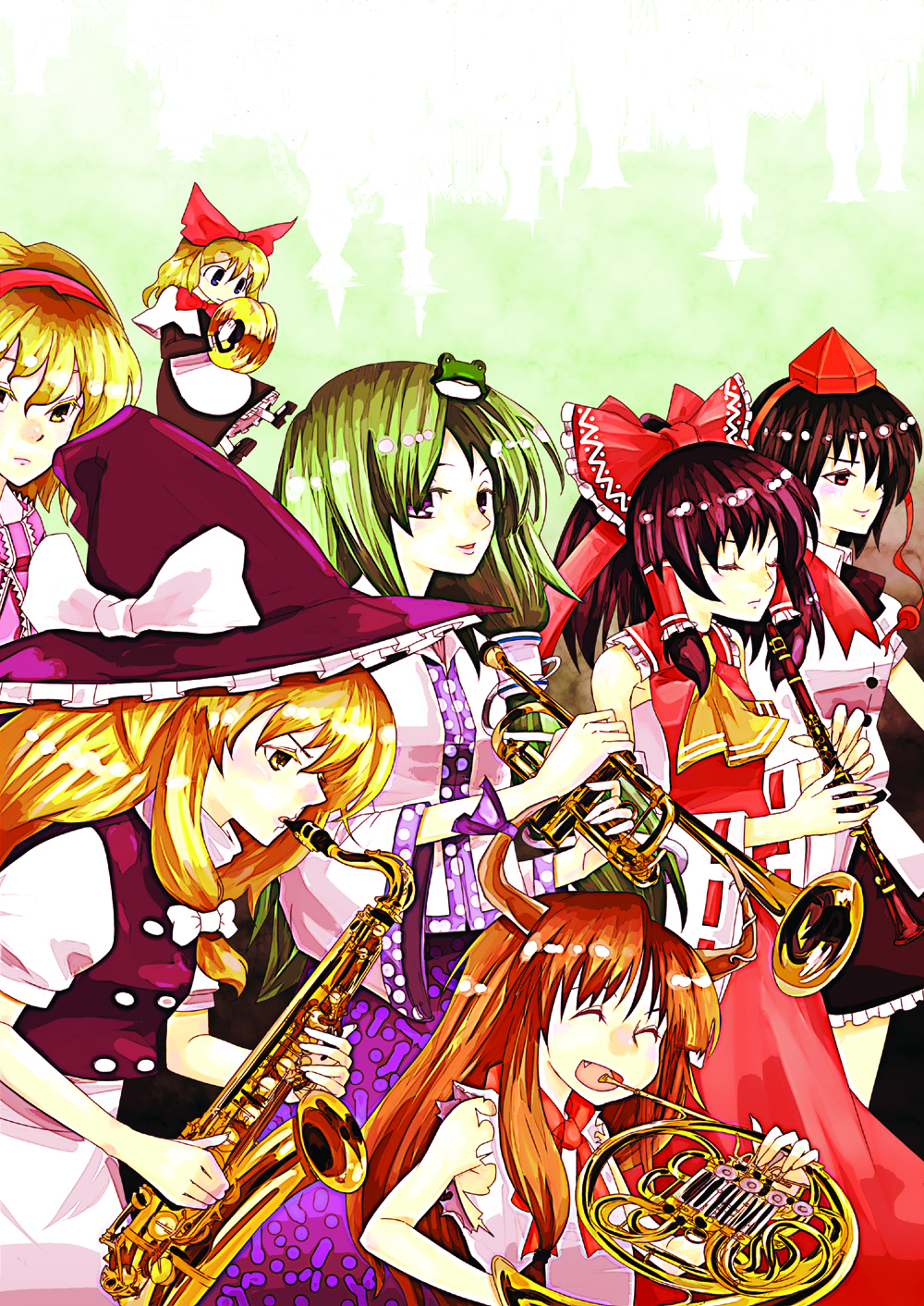 alice_margatroid arioto black_hair blonde_hair bow brown_hair clarinet cymbals french_horn frog green_hair hair_bow hair_ornament hakurei_reimu hat highres horns ibuki_suika instrument kirisame_marisa kochiya_sanae orange_hair saxophone shameimaru_aya shanghai_doll touhou trumpet witch_hat