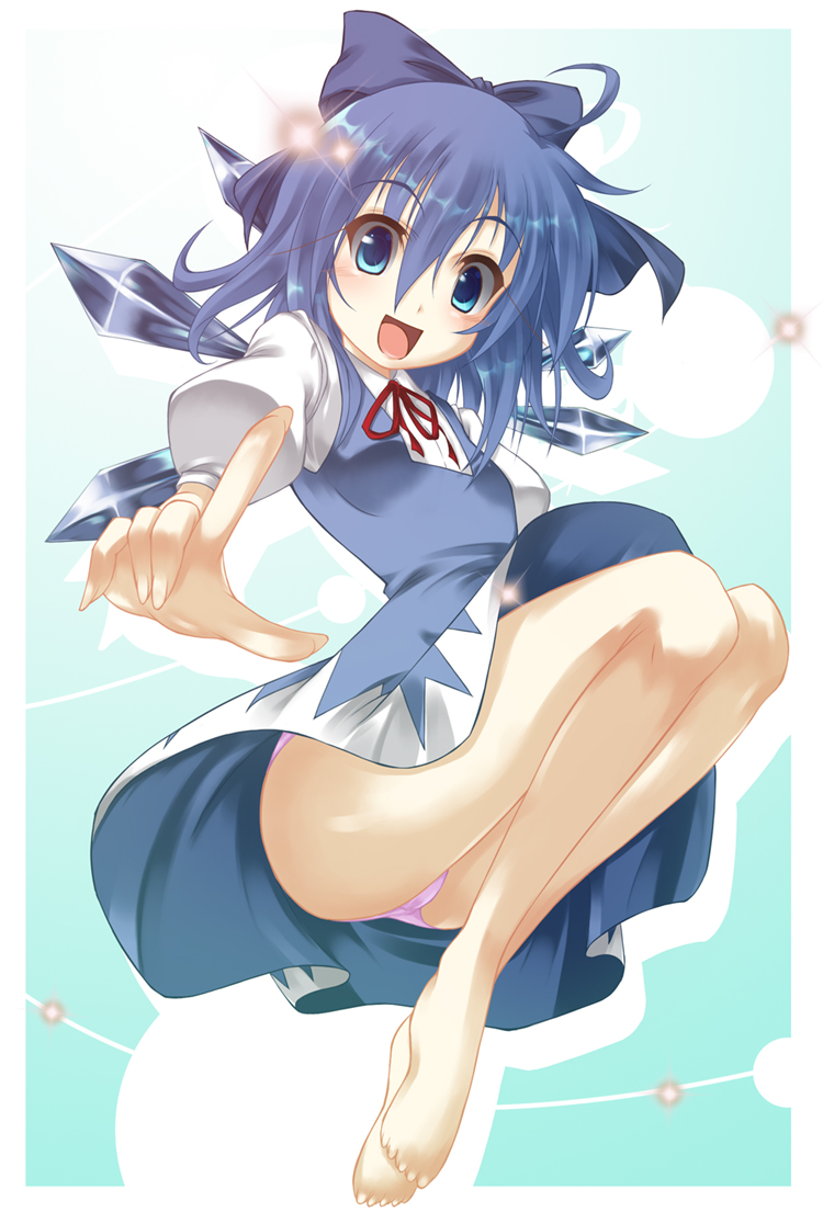 bad_feet bare_legs barefoot blue_eyes blue_hair bow cirno fuyuno_taka hair_bow looking_at_viewer open_mouth panties pantyshot pink_panties pointing short_hair smile solo sparkle touhou underwear wings