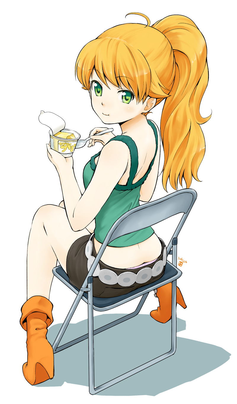 :t blonde_hair boots chair downpants eating folding_chair green_eyes highres hoshii_miki idolmaster legs long_hair looking_back nagian ponytail pudding shorts sitting smile spoon