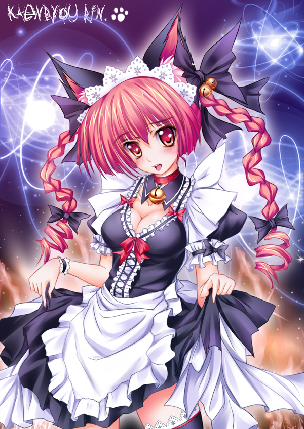 bell blush bow braid breasts cat_ears cleavage collar dress dress_lift hair_bow hair_ribbon hairband jingle_bell kaenbyou_rin large_breasts long_hair maid millelunar red_eyes red_hair redhead ribbon short_hair solo thigh-highs thighhighs touhou twin_braids twintails wrist_cuffs