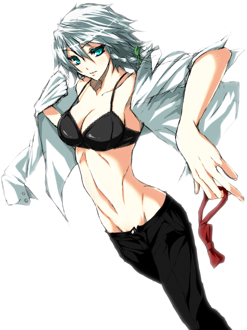 black_bra blue_eyes bra braid breasts cleavage izayoi_sakuya lingerie mound_of_venus open_clothes open_shirt pizaya s_tanly shirt short_hair sleeves_pushed_up touhou underwear white_hair