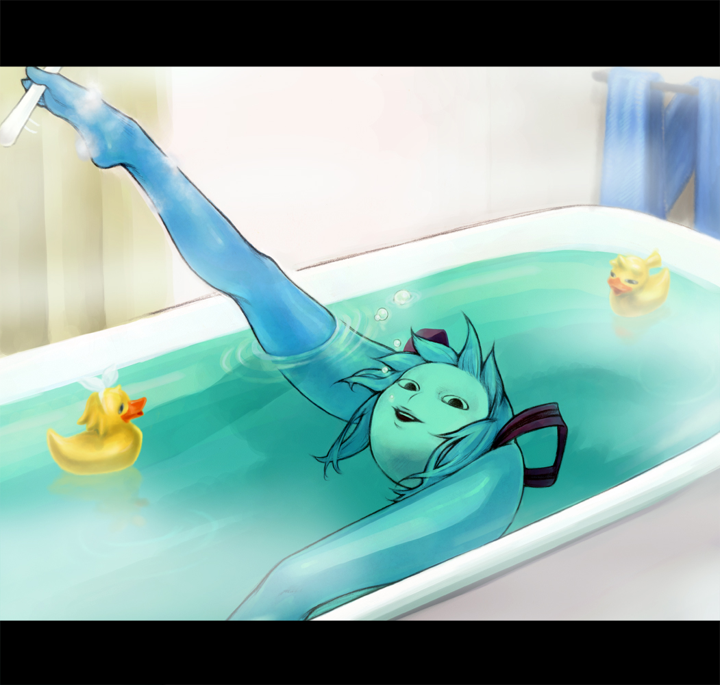 bath bath_kick bathing bathtub between_toes bubble creepy foot_hold hanji_(hansi) hatsune_miku kagamine_len kagamine_rin leg_lift legs letterboxed rubber_duck shinichi_tahara shiteyan'yo shiteyan'yo smile underwater vocaloid water what