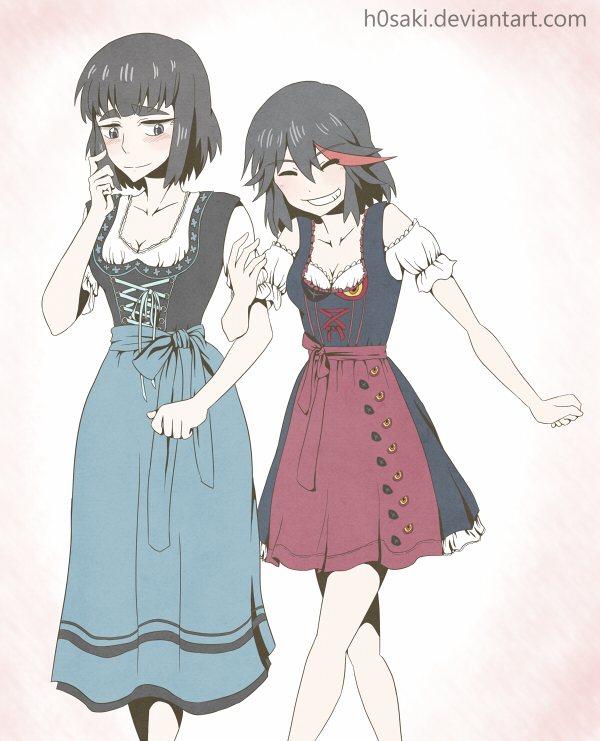 blue_eyes dirndl german_clothes h0saki height_difference kill_la_kill kiryuuin_satsuki long_hair matoi_ryuuko oktoberfest senketsu short_hair smile