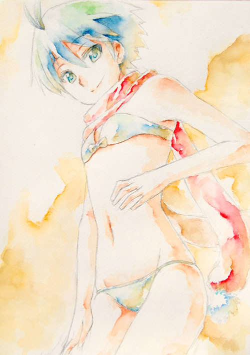 blue_eyes blue_hair hoshi_sukii idolmaster kikuchi_makoto short_hair swimsuit traditional_media watercolor_(medium)