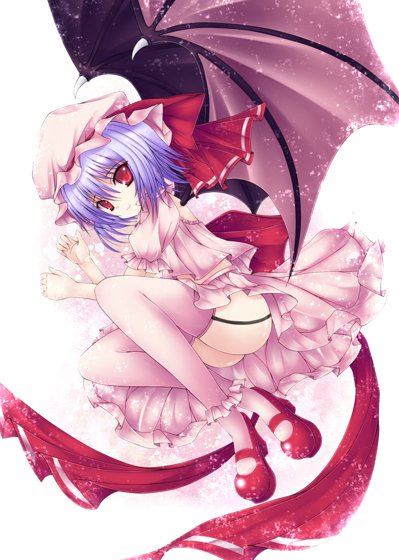 garter_belt garter_straps lavender_hair legs lying mary_janes mikan_(5555) on_side red_eyes remilia_scarlet shoes short_hair smile solo thigh-highs thighhighs touhou wings