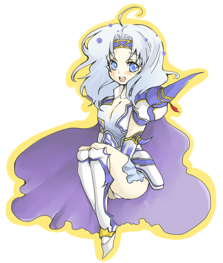 blue_eyes boots cape cecil_harvey cleavage female final_fantasy final_fantasy_iv genderswap headband kneehighs long_hair necoya open_mouth shoulder_pads skirt solo white_hair