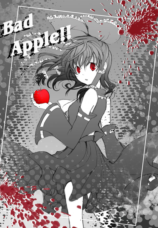 akasaka_sakasu apple bad_apple!! bare_shoulders bow detached_sleeves food fruit hair_bow hakurei_reimu long_hair monochrome red_eyes solo spot_color touhou