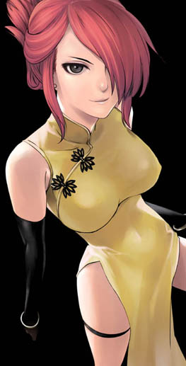 black_eyes bracelet breasts china_dress chinese_clothes dress earrings elbow_gloves gloves hair_up jewelry large_breasts marilyn_sue no_panties red_hair redhead short_hair side_slit simple_background smile standing thigh_strap thighs turtleneck