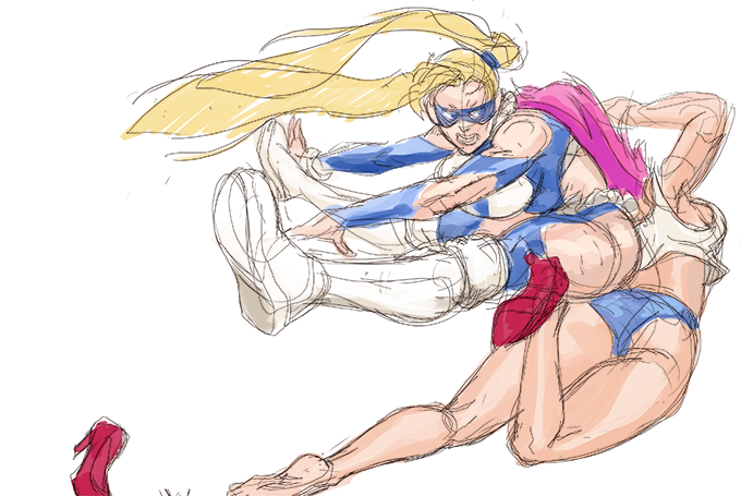 2girls ass attack blonde_hair diepod high_heels hip_attack long_hair mask multiple_girls pink_hair poison_(final_fight) rainbow_mika red_shoes shoes short_shorts shorts street_fighter street_fighter_zero street_fighter_zero_3 twintails wrestling_mask wrestling_outfit