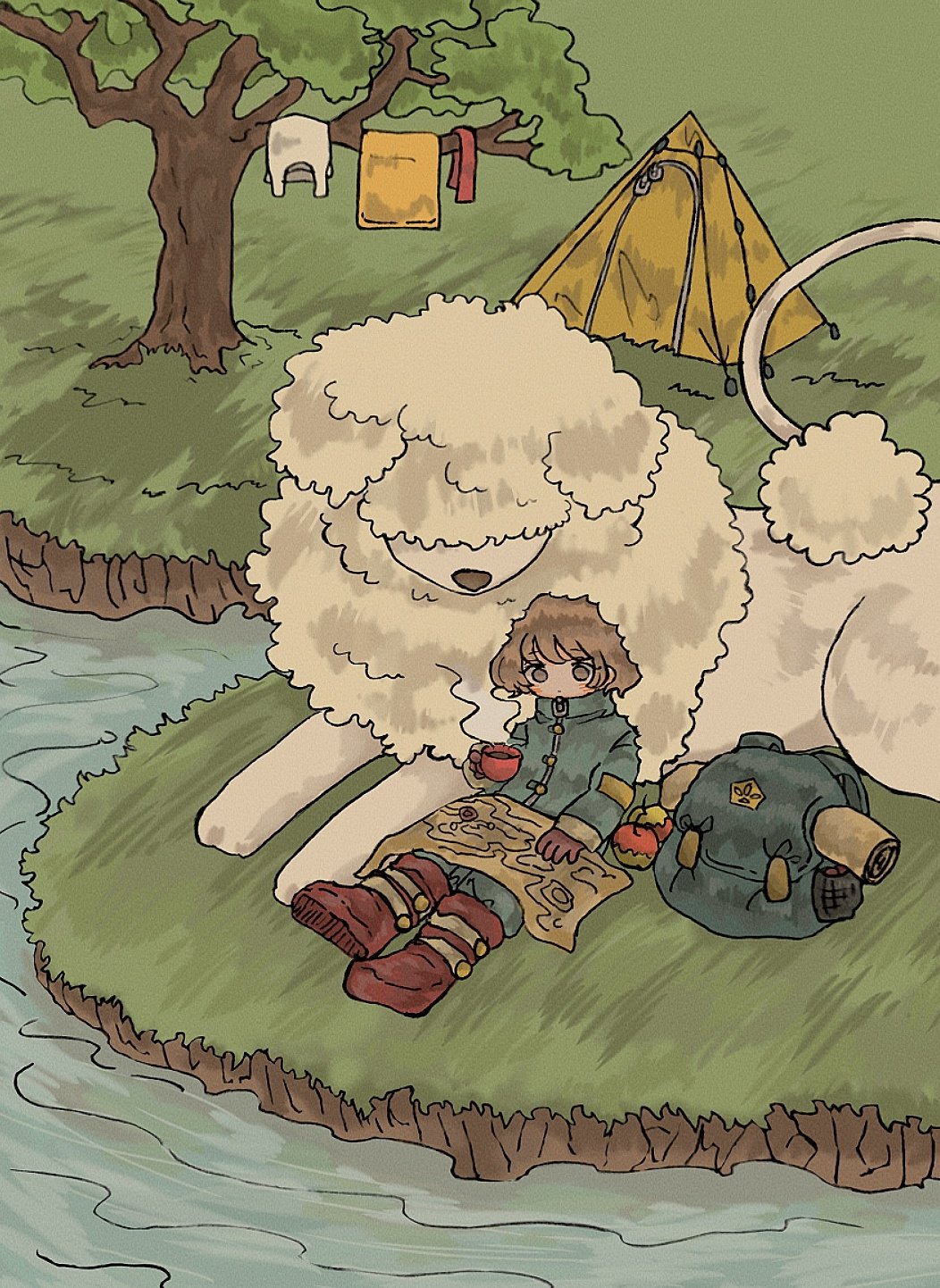 1girl animal backpack backpack_removed bag blue_bag blue_coat boots brown_eyes brown_hair coat cup grass highres holding holding_cup long_sleeves map original oversized_animal red_footwear sakura_szm shadow short_hair sitting solo tent tree water white_dog wide_shot