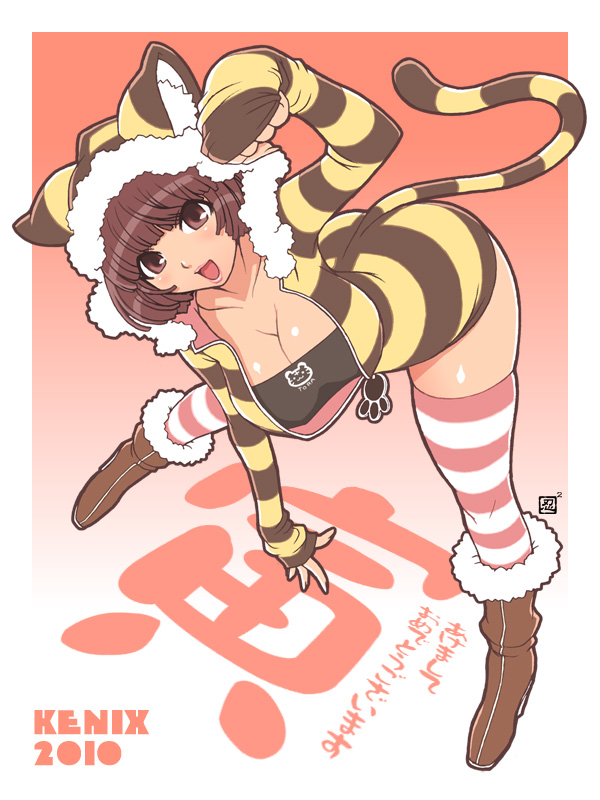 akeome animal_costume bent_over boots breasts brown_eyes brown_hair cleavage costume kenix new_year paw_pose paw_print striped striped_legwear thigh-highs thighhighs tiger_costume tiger_print tiger_suit