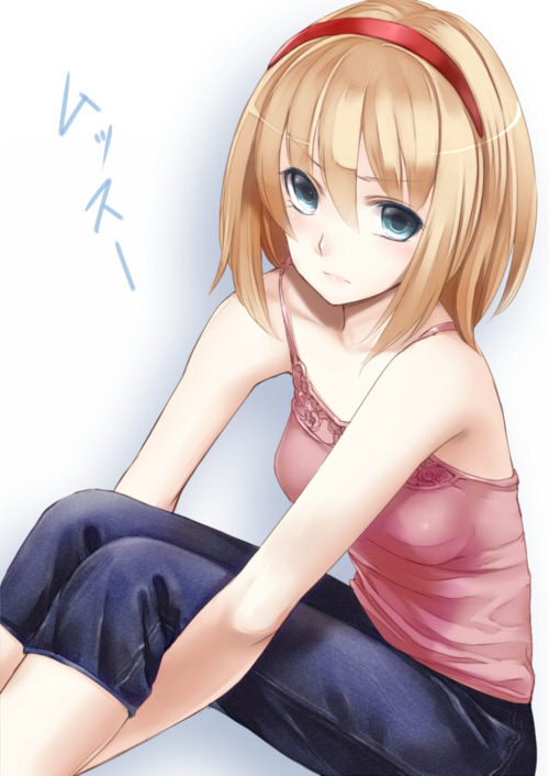 alice_margatroid blonde_hair blue_eyes camisole contemporary hairband hands_under_legs jeans looking_at_viewer solo takemori_shintarou touhou translated translation_request